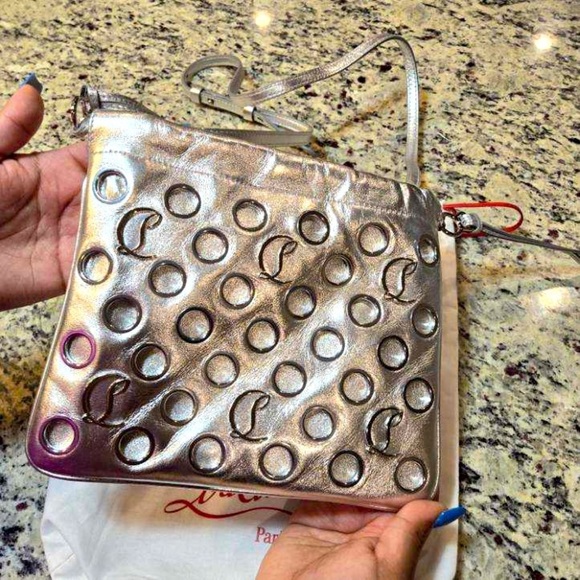 NEW Christian Louboutin Mini Mouchara Silver Leather Grommet Detail Bag